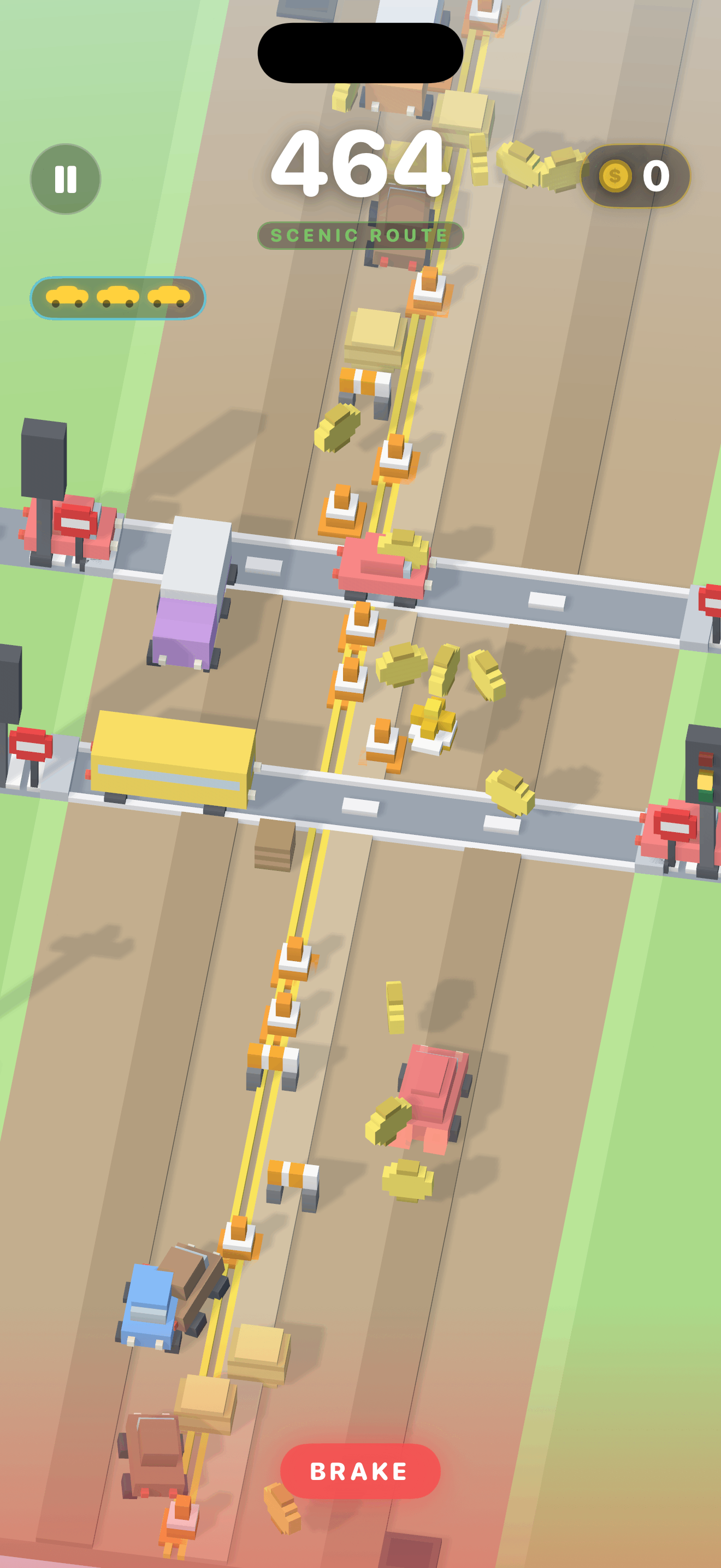 iPhone: a countryside road, traffic crossing ahead, coins strung down the lane